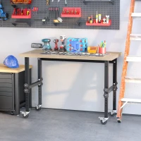 HOMCOM 47.25" Work Bench with Height Adjustable Legs, Bamboo Tabletop Workstation Tool Table on Wheels for Garage, Weight Capacity 1320 Lbs, Black/Natural(m-10)