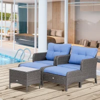 Outsunny 5 Pieces Rattan Wicker Lounge Chair Outdoor Patio Conversation Set with 2 Cushioned Chairs, 2 Ottomans and Tempered Glass Top Coffee Table, Gray/Blue(m-10)