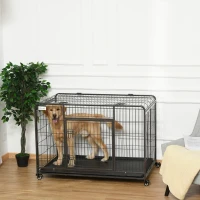 PawHut Folding Design Heavy Duty Metal Dog Cage Crate & Kennel with Removable Tray and Cover, & 4 Locking Wheels, Indoor/Outdoor 49"(m-15)