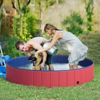PawHut Foldable Pet Swimming Pool, Portable Dog Bathing Tub, 12" x 63" Plastic Large Dog Pool for Outdoor Dogs and Cats, Red(m-10)