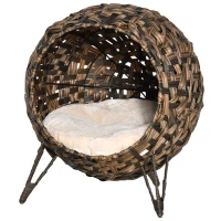 PawHut 20.5" Weaved Cat Bed, Elevated Hand-woven Braided Banana Leaf Kitten House Condo with Cushion, Brown(m-11)