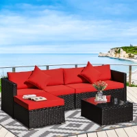 Outsunny 6 Piece Patio Furniture Set Outdoor Wicker Conversation Set All Weather PE Rattan Sectional Sofa Set with Ottoman, Cushions and Tempered Glass Table, Coffee and Red(m-11)