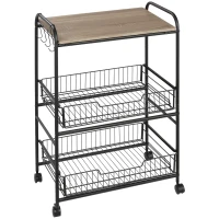 HOMCOM 3 Tier Kitchen Cart with Storage, Rolling Kitchen Island Cart with 2 Sliding Fruit Basket and Side Hooks for Dining Room, Oak(m-1)