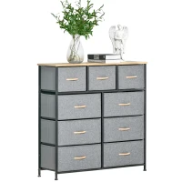 HOMCOM 9 Drawers Storage Chest Dresser Organizer Unit w/ Steel Frame, Wood Top, Easy Pull Fabric Bins, for Hallway, Closet, Entryway, Oak & Grey(m-11)