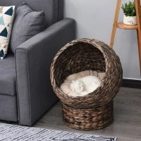 PawHut Handwoven Elevated Cat Bed with Rotating Basket and Soft Cushion, Wicker Cat Egg Chair with Stand, Brown(m-14)
