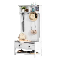 HOMCOM 3-in-1 Hall Tree, Entryway Bench with Coat Rack, Mudroom Bench with Shoe Rack, 2 Storage Drawers, 4 Hooks and Padded Seat Cushions for Hallway, White(m-11)