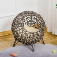 PawHut 20.5" Rattan Cat Bed, Kitten House, Elevated Round Condo for Comfort and Circulation with Cushion, Round Design(m-10)