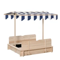 Outsunny Covered Sandbox, Wooden，with Cover Adjustable Canopy, Detachable Seats and Backrests, Kids Sandbox with Convertible Bench Seat, Bottom Liner, Natural Blue(m-16)