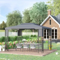 Outsunny 10' x 13' Outdoor Patio Gazebo with Double Vented Roof, Storage Shelves, Steel Frame for Lawn, Backyard and Deck, Gray(m-10)
