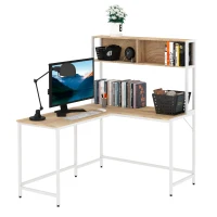 HOMCOM 55 Inch L Shaped Computer Desk with Hutch, Corner Desk for Home Office and Study, Writing Workstation with 2 Storage Compartments, Natural Wood Color(m-11)