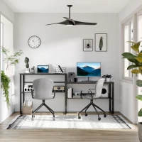 HOMCOM 86.5 Inch Two Person Desk Double Computer Table Writing Desk with Open Shelves Long Storage Workstation for Home Office Gray(m-10)