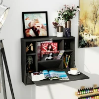 HOMCOM Wall Mounted Desk with Storage Shelves, Floating Desk with Foldable Tabletop, Space Saving Computer Writing Table for Home Office, 23.5 x 6 x 19.75 Inch, Black(m-10)