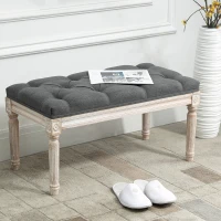 HOMCOM 32" Vintage Ottoman, Tufted Foot Stool with Upholstered Seat, Rustic Wood Legs for Bedroom, Living Room, Gray(m-10)