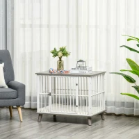 PawHut Dog Crate Furniture, Wooden End Table with Cushion & Lockable Door, Medium Size Pet Crate Indoor Puppy Cage, Grey(m-10)