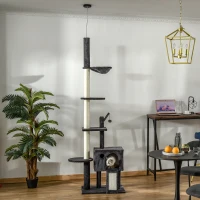 PawHut 106" Huge Cat Tree Floor-to-Ceiling, Cat Climbing Tower, Kitty Activity Center with Scratching Post Board, Hammock, Hanging Ball, Rest Dark Gray(m-10)