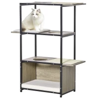 PawHut 48" H Cat House Cat Activity Tower Shelf Furniture with 3 Climbing Platforms, 1 Condo, Scratch Pad and Removable Cushions, Grey/Black(m-12)