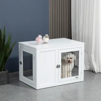 PawHut Dog Crate Furniture Wire Indoor Pet Kennel Cage, End Table with Double Doors, Locks for Small and Medium Dog House, White(m-10)