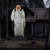 HOMCOM 3.9' Outdoor Halloween Hanging Pumpkin Ghost w/ Light Up Eyes, Sound Activated Prop w/ Creepy Howling Sounds(m-2)