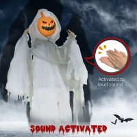 HOMCOM 3.9' Outdoor Halloween Hanging Pumpkin Ghost w/ Light Up Eyes, Sound Activated Prop w/ Creepy Howling Sounds(m-6)