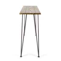 Modern Outdoor Industrial Teak Finished Acacia Wood Bar Table with Iron Hairpin Legs, Outdoor Acacia Wood with Teak Finish, 47.25" L x 18.25" W x 40" H, Brown(m-8)