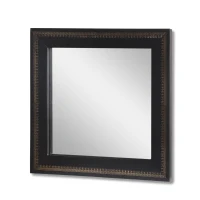 Boho Style Handcrafted Square Wall Mirror with Leather Frame and Gold Embossing, 23"x23", Black+Gold(m-6)