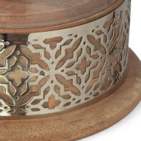 Boho Handcrafted Mango Wood Hurricane Candle Holder with Tempered Glass Cover and Metal Accents, 6.75" x 6.75" x 9.5", Natural(m-8)