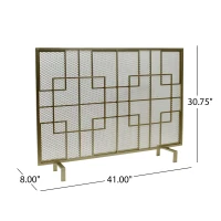 Modern Iron Fire Screen with Single Panel Design and Fine Mesh, Geometric Pattern, and Easy Assembly, 41" L x 8" W x 30.75" H, Gold(m-3)