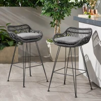 Outdoor Wicker Barstools Set of 2 with Cushions, Handcrafted Faux Rattan, Water-Resistant Fabric, Iron Frame, 22" L x 23.25" W x 38" H, Gray(m-1)
