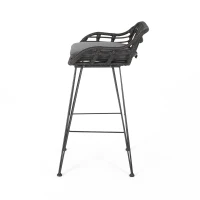 Outdoor Wicker Barstools Set of 2 with Cushions, Handcrafted Faux Rattan, Water-Resistant Fabric, Iron Frame, 22" L x 23.25" W x 38" H, Gray(m-9)