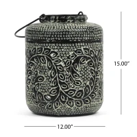 Large Indian Style Lantern with Green Patina and Black Finish, Hand-Crafted Iron, 12"L x 12"W x 15"H, Blackish Green(m-3)