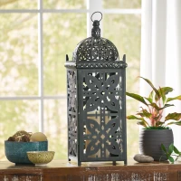 Large Indian Style Lantern with Green Patina and Black Finish, Hand-Crafted Iron, 8.25" L x 8.25" W x 23.25" H, Black(m-1)