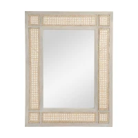 Modern Accent Rectangle Wall Mirror with Mango Wood Frame, Handcrafted Wicker Cane Border, 26.75" L x 1" W x 35.5" H, Natural(m-2)