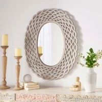 Modern Accent Wall Mirror with Handcrafted Design, Braided Border and Distressed Finish, 35.5" L x 0.7" W x 28" H, Grey(m-1)