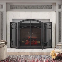 Iron Folding Fireplace Screen with Doors and 4-Piece Tool Set, Matte Finish, 50.5" x 5.5" x 32", Matte Black(m-4)