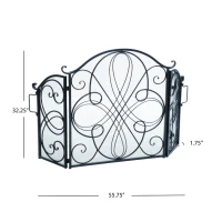Retro style Fireplace Screen with Ornate Wrought Iron Design, Foldable Three-Panel Structure, 55.75" L x 1.75" W x 32.25" H, Black+Silver(m-3)