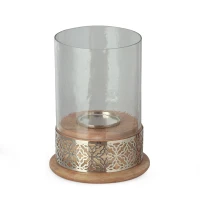 Boho Handcrafted Mango Wood Hurricane Candle Holder with Tempered Glass Cover and Metal Accents, 6.75" x 6.75" x 9.5", Natural(m-2)
