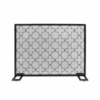 Modern Iron Fire Screen with Single Panel Design and Fine Mesh, Geometric Pattern, and Easy Assembly, 41" L x 8" W x 30.75" H, Black+Silver(m-8)
