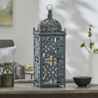 Large Indian Style Lantern with Green Patina and Black Finish, Hand-Crafted Iron, 8.25" L x 8.25" W x 23.25" H, Black(m-5)