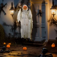 HOMCOM 3.9' Outdoor Halloween Hanging Pumpkin Ghost w/ Light Up Eyes, Sound Activated Prop w/ Creepy Howling Sounds(m-10)