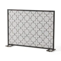 Modern Iron Fire Screen with Single Panel Design and Fine Mesh, Geometric Pattern, and Easy Assembly, 41" L x 8" W x 30.75" H, Black+Gold(m-2)