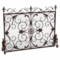 Traditional Fireplace Screen with Victorian Inspired Design, Wrought Iron with Ornate Detailing, 44.5" L x 9.75" W x 35" H, Black+Gold(m-2)
