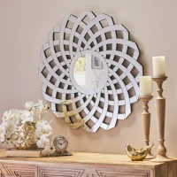 Glam Round Flower Patterned Wall Mirror with Faux Wood Frame, No Assembly Required, 31.5" L x 31.5" W x 0.75" H, Clear(m-1)