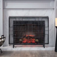 Modern Single Panel Decorative Fireplace Screen with Fine Mesh, Square Pattern, Easy Assembly, 41" L x 8" W x 30.75" H, Black+Silver Iron(m-4)