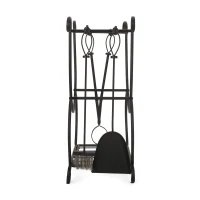 Traditional Fireplace Log Rack and Tool Set, Iron Construction with Shovel, Brush, Tongs, and Log Holder, 23.25" L x 11.75" W x 29.25" H, Matte Black(m-5)