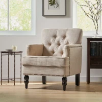 Modern Accent Tufted Club Chair with Button Tufted Diamond Stitch, Nailhead Accents, Birch Wood Legs, 28" L x 31.75" W x 35" H, Beige(m-5)