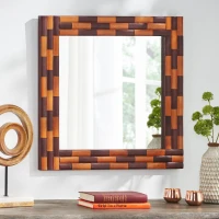 Boho Style Handcrafted Square Wall Mirror with Leather Frame, 23.5" L x 1" W x 23.5" H, Antique Yellow(m-1)