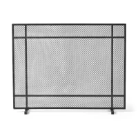 Modern Iron Fire Screen with Single Panel Design and Fine Mesh, Geometric Pattern, and Easy Assembly, 41" L x 9.75" W x 31.75" H, Black+Silver(m-8)