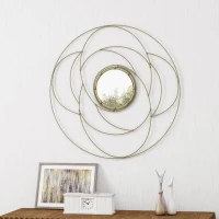 Round Flower Patterned Wall Mirror with Stainless Steel Frame, No Assembly Required, 35.25" L x 35.25" W x 1.5" H, Gold(m-1)