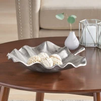 Modern Aluminum Decorative Leaf Plate, Handmade Design, Antique Nickel Finish, 15" L x 14" W x 3" H, Silver(m-4)