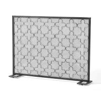 Modern Iron Fire Screen with Single Panel Design and Fine Mesh, Geometric Pattern, and Easy Assembly, 41" L x 8" W x 30.75" H, Black+Silver(m-2)